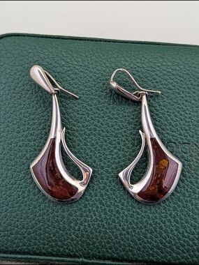 ✨ Modernist Sterling Silver & Cognac Amber Statement Earrings ✨